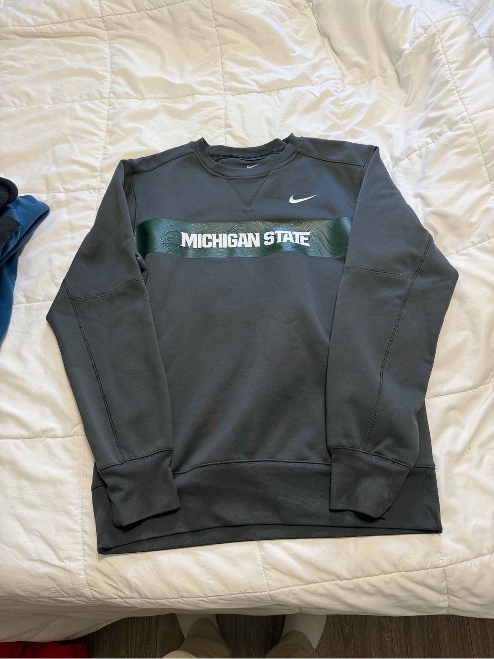Nike Dark Gray Michigan State Crewneck with Green Chest Stripe